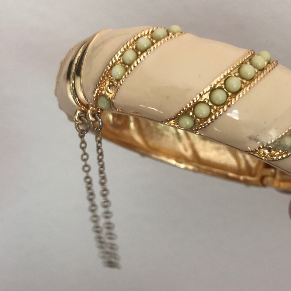 J. Crew Gold Cuff with cream enamel & green beads